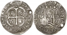 1677. (Kr. 99.1). 26,17 g. Resello de Guatemala (De Mey 717) sobre 8 reales de Potosí E de Carlos II realizado en 1839. Redonda. Tipo de presentación ...
