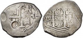 1697. (Kr. 110.1). 23,95 g. Resello de Guatemala (De Mey 717) sobre 8 reales de Lima H de Carlos II realizado en 1839. MBC-.
