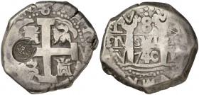1740. (Kr. 111.3). 26,05 g. Resello de Guatemala (De Mey 717) sobre 8 reales de Lima V de Felipe V realizado en 1839. MBC-.