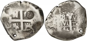 1746. (Kr. 111.3). 25,62 g. Resello de Guatemala (De Mey 717) sobre 8 reales de Lima V de Felipe V realizado en 1839. Perforación. BC+.