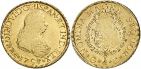 1757/6. Fernando VI. Guatemala. J. 8 escudos. (Cal. 7) (Cal.Onza 553, mismo ejemplar). 27 g. Acuñación algo floja. Rarísima. MBC+.