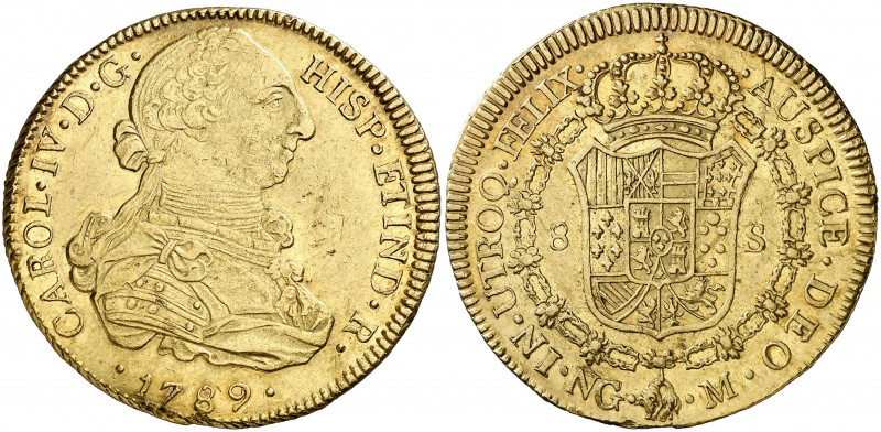1789. Carlos IV. Guatemala. M. 8 escudos. (Cal. 1) (Cal.Onza 972). 27 g. Busto d...