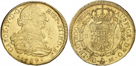 1789. Carlos IV. Guatemala. M. 8 escudos. (Cal. 1) (Cal.Onza 972). 27 g. Busto de Carlos III. Ordinal IV. Golpecitos. Bonito color. Muy rara. MBC+/EBC...