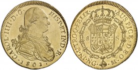 1801. Carlos IV. Guatemala. M. 8 escudos. (Cal. 5) (Cal.Onza 977). 27 g. Golpecito en canto y leves rayitas. Bella. Brillo original. Muy rara y más as...