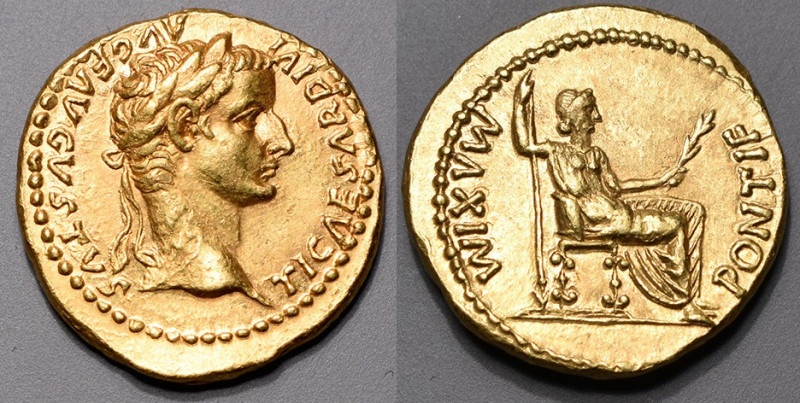 TIBERE (14-37). Aureus (7,90 g) Lyon. 14-17
A/ TI CAESAR DIVI - AVG F AVGVSTVS....
