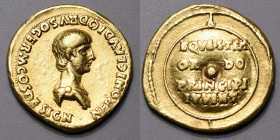 NERON CESAR (51-54). Aureus (7,60 g) Rome 51-54.
A/ NERONI.CLAUDIO.DRUSO. GERM.COS.DESIGN. Son buste drapé, tête nue à droite.
R/ Bouclier inscrit: EQ...