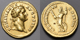 DOMITIEN (81-96) Aureus (7,50 g). Rome 88-89 A/DOMITIANVS AVGVSTVS Satête laurée à droite. R/GERMANICVS COS XIIII Pallas debout à gauche, tenant un fo...