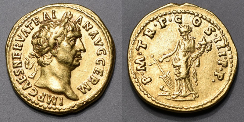 TRAJAN (98-117) Aureus (7,15 g.) Rome (100) . A/IMP.CAES.NERVA.TRAIAN.AVG.GERM.S...