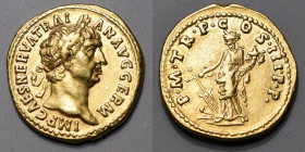 TRAJAN (98-117) Aureus (7,15 g.) Rome (100) . A/IMP.CAES.NERVA.TRAIAN.AVG.GERM.Sa tête laurée à droite. R/ P.M.T.R.P.COS.III.PP. La fortune debout à g...