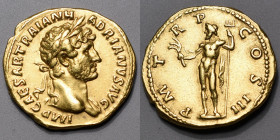 HADRIEN (117-138). Aureus (7,28g.) Rome 119-122. A/IMP.CAESAR.TRAIAN.HADRIANVS.AVG. Sa tête laurée à droite. R/P. M.TR.P.COS.III. Neptune debout , le ...