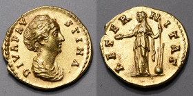 FAUSTINE Mère (138-141 ). Aureus (7,22g.) Rome 141-161 7,22 g. A/DIVA FAVSTINA son buste drapé à droite.
R/ AETERNITAS La fortune debout à gauche tena...