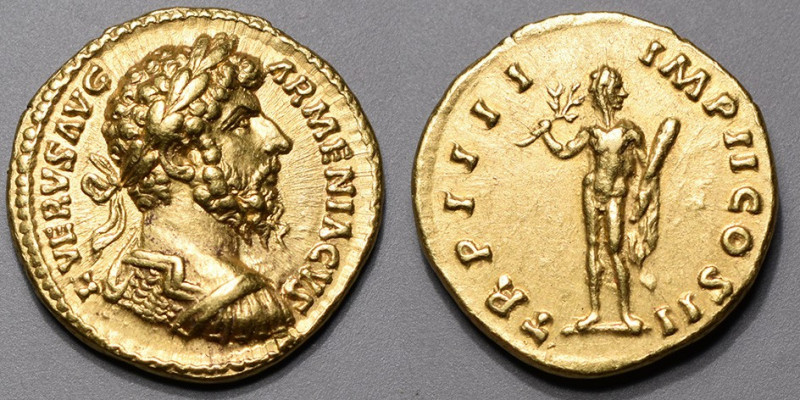 LUCIUS VERUS (161-169 ). Aureus (7,27g.) Rome 163-164 A/L.VERVS ARMENIACVS. Son ...