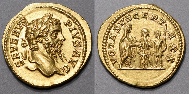 SEPTIME SEVERE (193-211) Auréus (7,14 g.) Rome 202-210 A/SEVERVS PIVS Sa tête la...