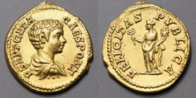 GETA Cesar (198-209) Auréus (7,98 g.) Rome 200-202 A/P.SEPTIMVS GETA CAES. Son buste drapé à droite.
R/ FELICITAS TEMPOR La félicitè debout à gauche ...