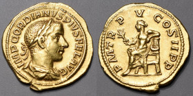 GORDIEN III (238-244) Auréus (4,90 g.) Rome (241-243) A/ IMP GORDIANVS PIVS FEL AVG Son buste drapé et couronné à droite. R/ PMTRP V COS II PP Appolon...