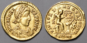 HONORIUS (393-423). Semis (2,14 g.) Ravenne (402) A/ DN HONORIUS PF AVG Son buste drapé et diadémé à droite. R/ VICTORIA AVGVSTORUM . Victoire assise ...