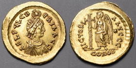 PULCHERIE (Soeur de Theodose II et épouse de Marcien). Solidus (4,44 g.)Constantinople (450-457) A/ AEL PULCHERIA AVG Son buste drapé et diadémé à dro...