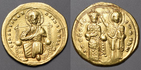 ROMAIN III (1028-1034). Histamenon Nomisma 4,40 g. A/ Le Christ assis sur un trône.
R/ La Vierge bénissant l'Empereur. Sear 1819. TTB