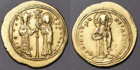 THEODORA (1055-1056). Histamenon nomisma (4,32 g).
A/ Le Christ debout de face sur un piédestal.
R/ Théodora et la Vierge nimbée tenant ensemble le la...