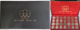 Monete Estere. Canada. Elisabetta II Regnante. Cofanetto con 10 e 5 Dollari. Olimpiadi 1976. Ag 925. 28 Pezzi. Cofanetto leggermente consunto. FDC. (1...
