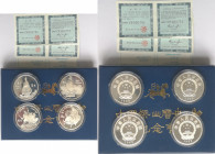 Monete Estere. Cina. Cofanetto con 4 monete. Da 4 Pezzi da 5 Yuan 1985. Ag. Peso totale gr. 88,88. Proof. Cofanetto originale. (2022)