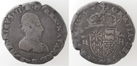 Monete Estere. Francia. Enrico II di Béarn, III de Navarre. 1572-1589. Mezzo Testone 1575. Ag. PA 3473. Peso gr. 4,60. Diametro mm. 28. BB. Patina. R....