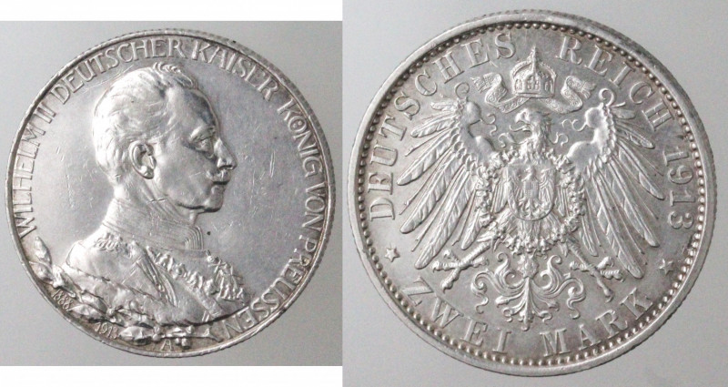 Monete Estere. Germania Prussia. Guglielmo II. 1888-1918. 2 Marchi 1913. Ag. KM#...