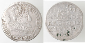 Monete Estere. Lituania. Sigismondo III. 1587-1632. 3 Groschen 1591. Riga. Ag. Iger R.91.1c. Peso gr. 2,49. Diametro mm. 22. qBB. (0922)