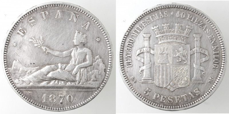 Monete Estere. Spagna. Governo Provvisorio. 1868-1871. 5 Pesetas 1870. Ag. Peso ...