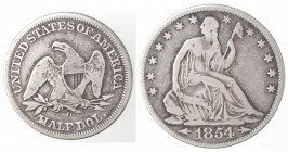 Monete Estere. USA. Mezzo Dollaro 1854O Libertà seduta. Ag. Peso gr. 12,17. qBB.