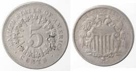Monete Estere. USA. 5 Centesimi 1866. Ni. Peso gr. 4,96. qBB/BB. Difetto al rovescio.