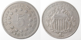 Monete Estere. USA. 5 Centesimi 1867 senza raggi. Ni. Peso gr. 4,89. qBB.
