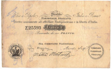 Cartamoneta. Prestito Nazionale Italiano Mazziniano. Franco. 09/02/1849. qBB. Pieghe. Scritte al rovescio d'epoca.