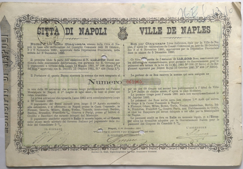 Cartamoneta. Città di Napoli. 1880. Buono da 50 Lire. BB/qSPL. Conservazione not...