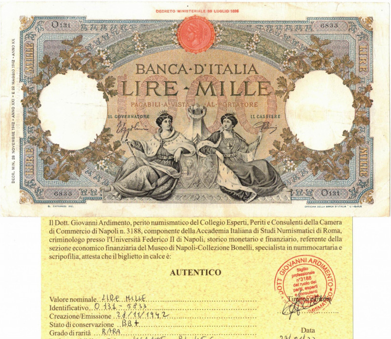 Cartamoneta. Regno. Vittorio Emanuele III. 1000 lire Regine Mare (Fascio) L'Aqui...