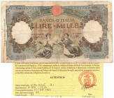 Cartamoneta. Regno. Vittorio Emanuele III. 1000 lire Regine Mare (Fascio) L'Aquila. DM 23-08-1943. Gig. BI47A. MB. Piega a croce marcata, strappi, imp...