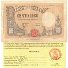 Cartamoneta. Regno. Vittorio Emanuele III. 100 lire Grande B (Fascio). DM 15-03-1943. Gig. BI21B. MB/BB. Banconota naturale, piega a croce. Perizia Ar...