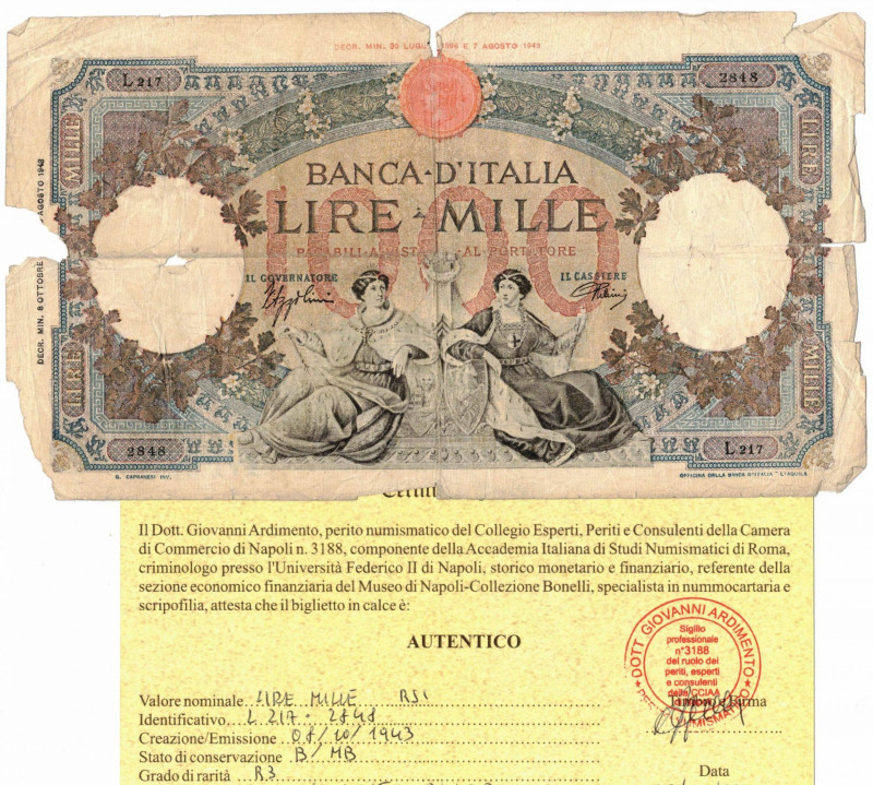 Cartamoneta. RSI. 1000 lire Regine Mare (Fascio) L'Aquila. DM 08-10-1943. Gig. B...