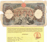 Cartamoneta. RSI. 1000 lire Regine Mare (Fascio) L'Aquila. DM 08-10-1943. Gig. BI47B. B/MB. Piega a croce marcata, strappi, mancanze della carta, di d...