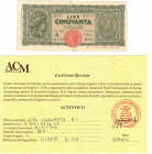 Cartamoneta. Luogotenenza. 50 lire Italia Turrita. DM 10-12-1944. Gig. BI13A. BB+. Bordi arrotondati e impurità. Perizia Ardimento. (2122)