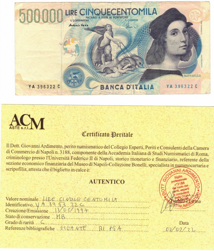 Cartamoneta. Repubblica Italiana. 500000 Lire Raffaello Sanzio. DM 13/05/1997. G...