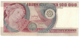 Cartamoneta. Repubblica Italiana. 100000 Lire Botticelli. DM 20 Giugno 1978. Gig. BI83A. BB+. Pieghe Pressate. (D.6720)