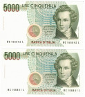 Cartamoneta. Repubblica Italiana. Lotto di 2 Pezzi. Consecutivi. 5.000 Lire Bellini. D.M. 1992. Gig. BI69C. FDS. NC. (D.2721) .