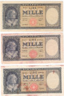 Cartamoneta. Repubblica Italiana. 1000 lire Italia (Medusa). Lotto di 3 pezzi. Mediamente MB. Macchie, pieghe. (5921)