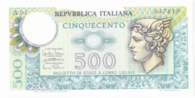 Cartamoneta. Repubblica Italiana. 500 lire Mercurio. DM 14-02-1974. Serie A01. Gig. BS 26AA. qFDS. Lieve ondulazione. RR. (D. 6021)