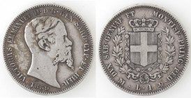 Casa Savoia. Vittorio Emanuele II. 1861-1878. Lira 1859 Milano. Ag. Gig. 73. Peso gr. 4,91. Diametro mm. 23. MB. R. (0322)