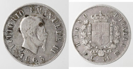Casa Savoia. Vittorio Emanuele II. 1861-1878. 50 Centesimi 1863 Milano Stemma. Ag. Gig. 74. Peso gr. 2,47. Diametro mm. 18. MB/qBB. Macchie. R.