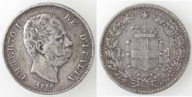 Casa Savoia. Umberto I. 1878-1900. Lira 1886. Ag. Gig.37. Peso gr. 4,96. Diametro mm. 23. Gig.37. qBB. (0322)