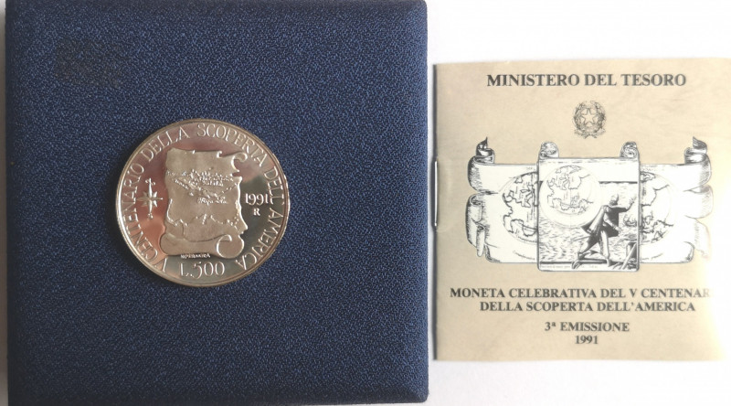 Repubblica Italiana. 500 Lire. V centenario della scoperta dell'america, III° em...