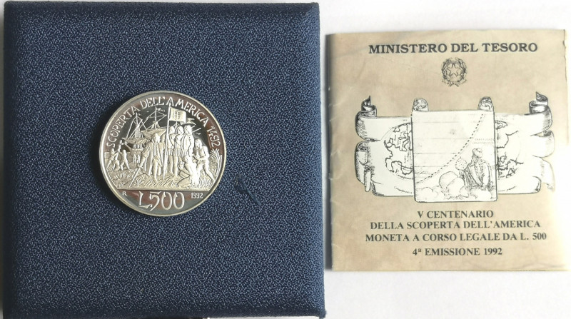 Repubblica Italiana. 500 Lire. V centenario della scoperta dell'america, IV° emi...